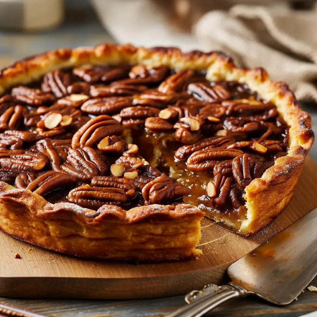 Tarte aux noix de pécan faite maison avec une part manquante, montrant sa garniture sucrée et ses noix entières sur le dessus.