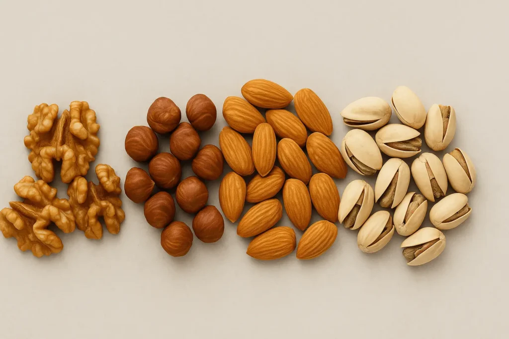 Fruits à coque nutrition : conseils essentiels pour une santé optimale 2 Fruits à coque alignés sur fond clair : cerneaux de noix, noisettes, amandes, pistaches ouvertes