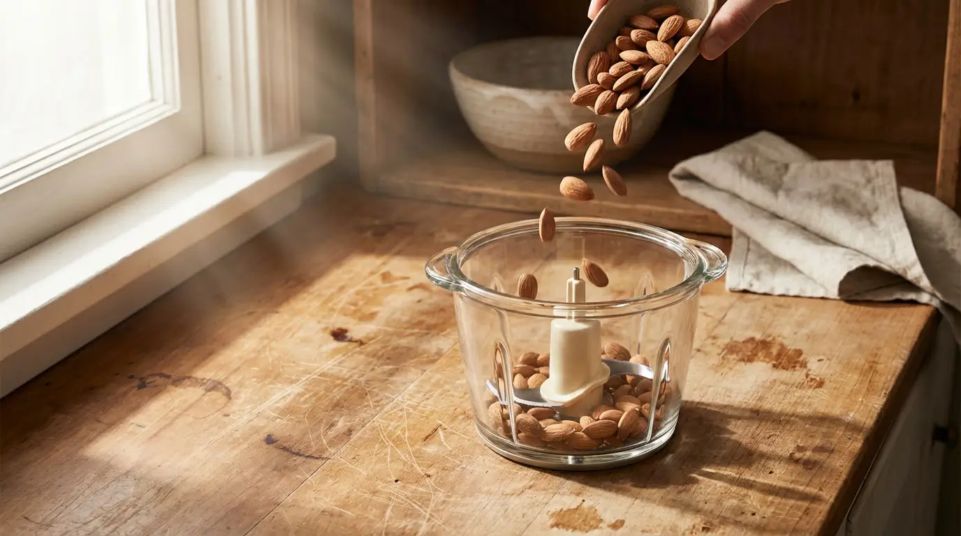 amandes crues versées dans un robot culinaire, lumière naturelle, ambiance atelier cuisine.