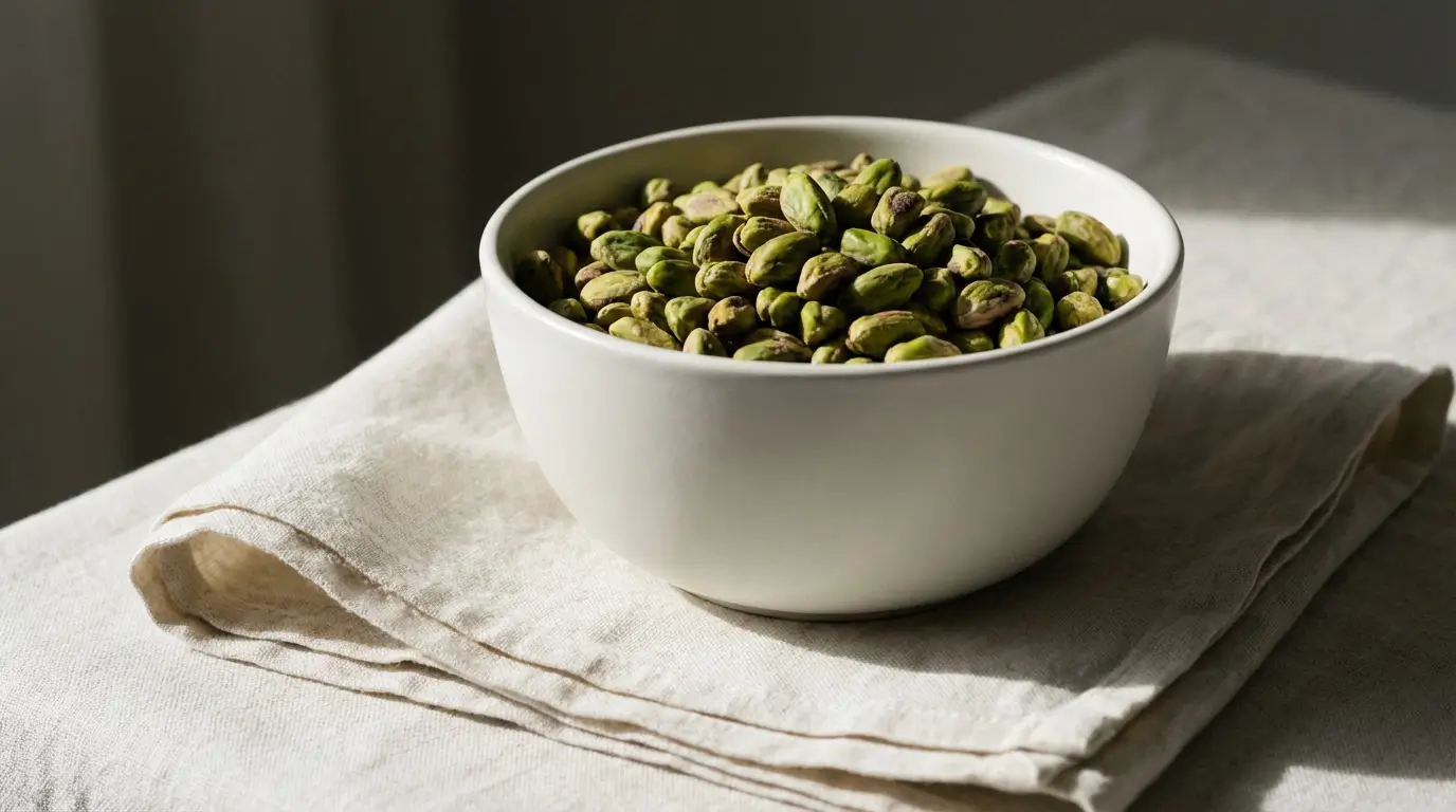 Lait de pistache maison: bol de pistaches crues, vertes et éclatantes