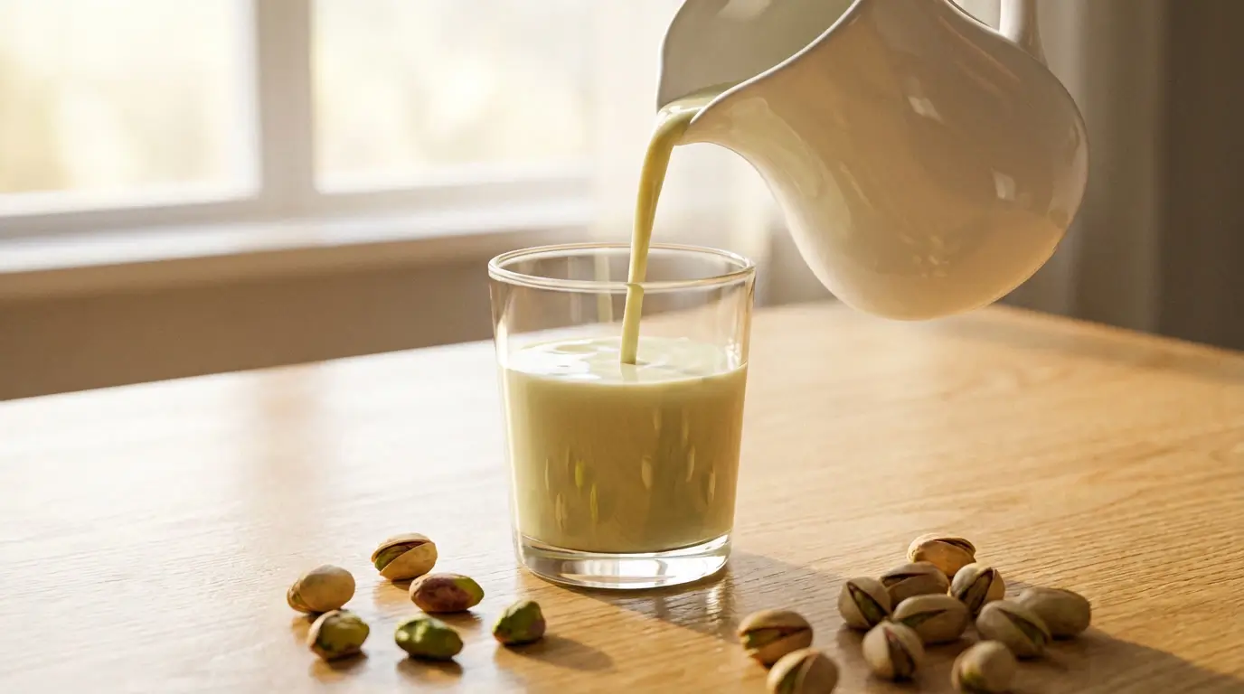 Lait de pistache maison: verre de lait de pistache versé en filet depuis un pichet