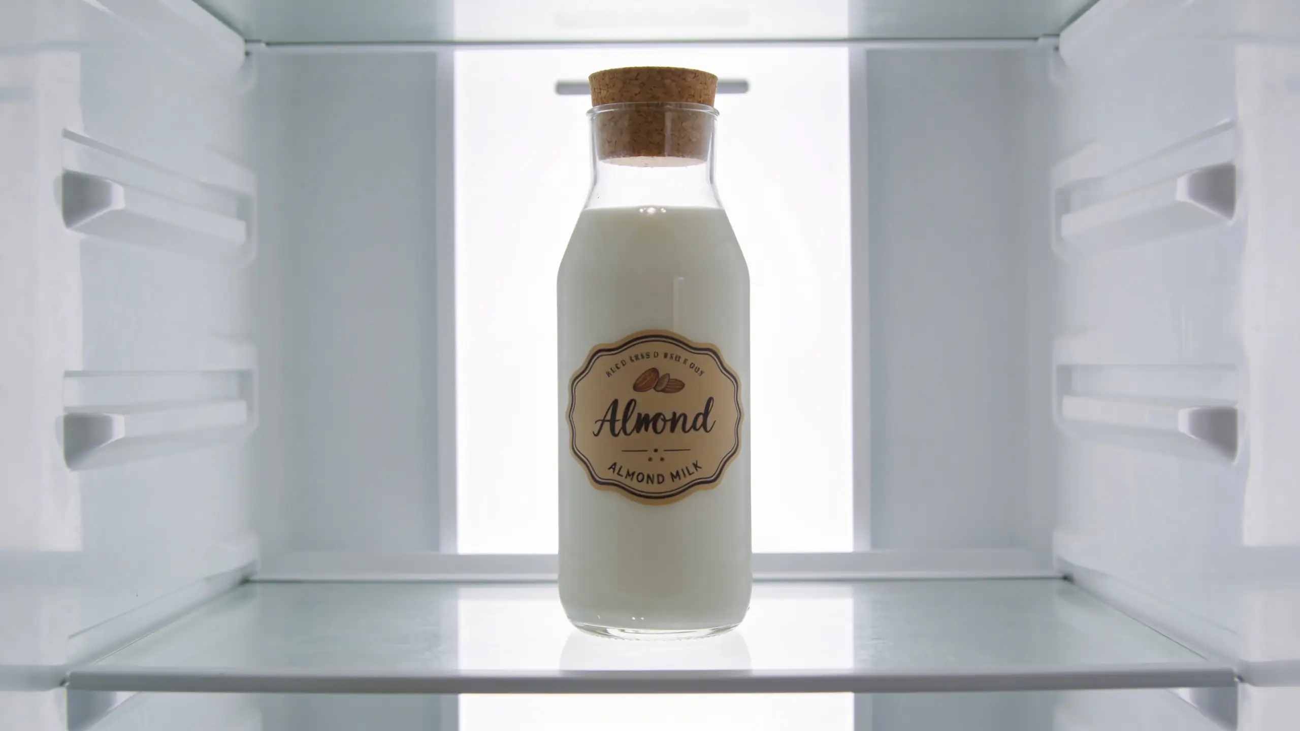 Bouteille en verre avec bouchon en liège étiquetée Almond contenant du lait d'amande maison posée sur l'étagère d'un réfrigérateur ouvert