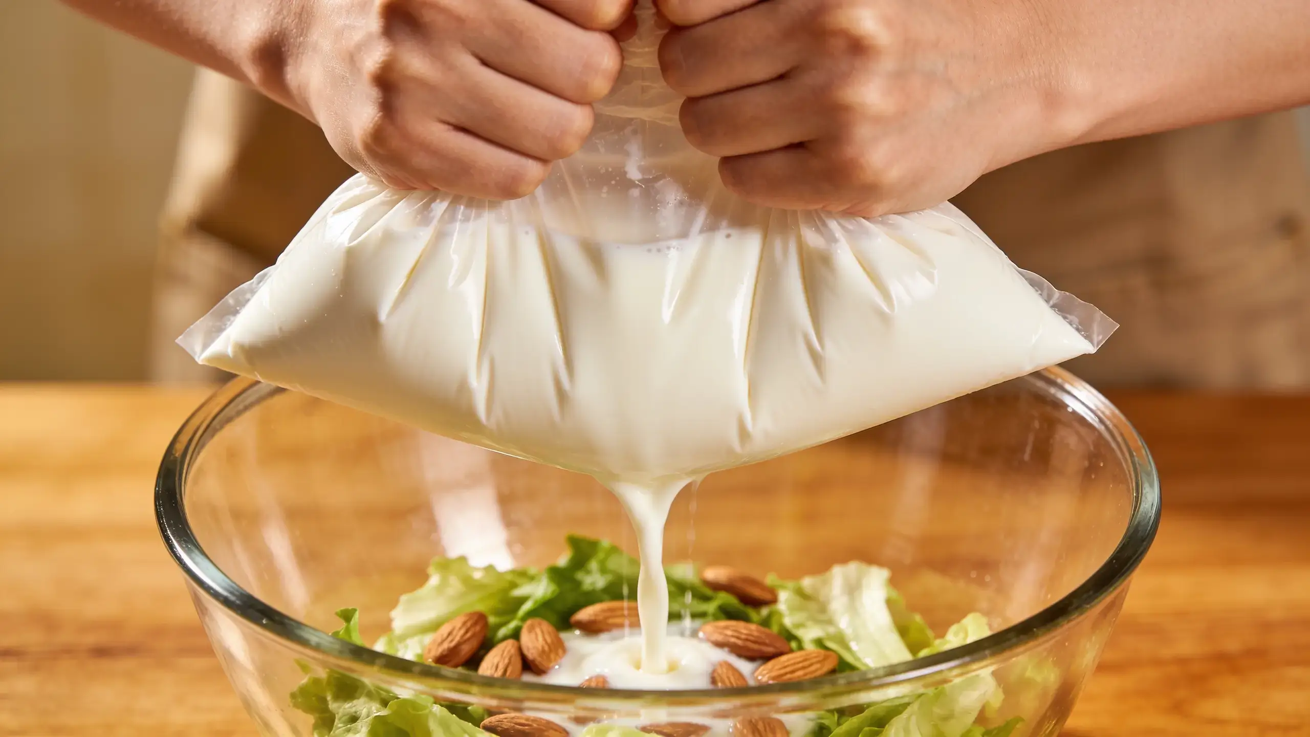 Mains pressant un sac à filtration pour extraire le lait d'amande maison qui s'écoule dans un bol en verre contenant des amandes entières et des feuilles de salade
