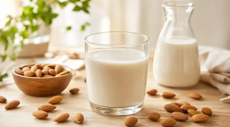Verre et carafe de lait d'amande maison sur table en bois clair entourés d'amandes fraîches et d'un bol en bois rempli d'amandes, cuisine lumineuse avec plante verte en arrière-plan