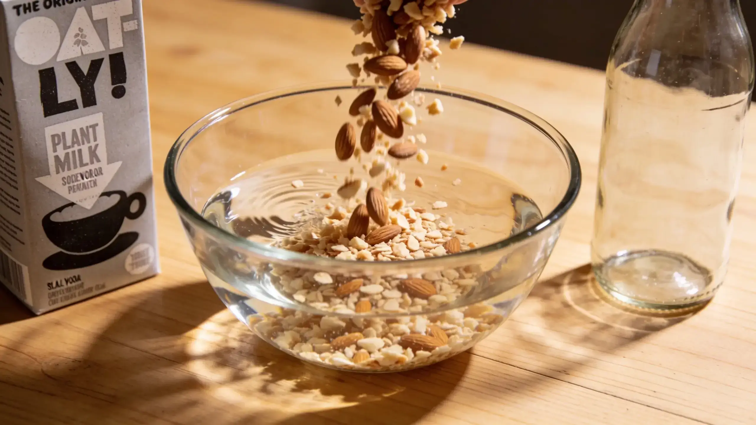 Amandes entières et flocons tombant dans un bol en verre rempli d'eau sur plan de travail en bois clair, étape de préparation du lait d'amande maison