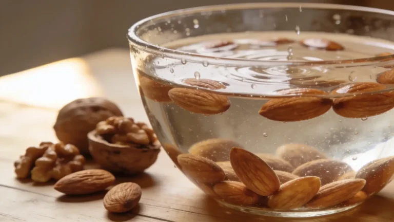 Tremper les fruits à coque: Bol en verre rempli d'amandes trempant dans l'eau avec des gouttes à la surface, posé sur une table en bois aux côtés de noix décortiquées et d'amandes sèches en gros plan