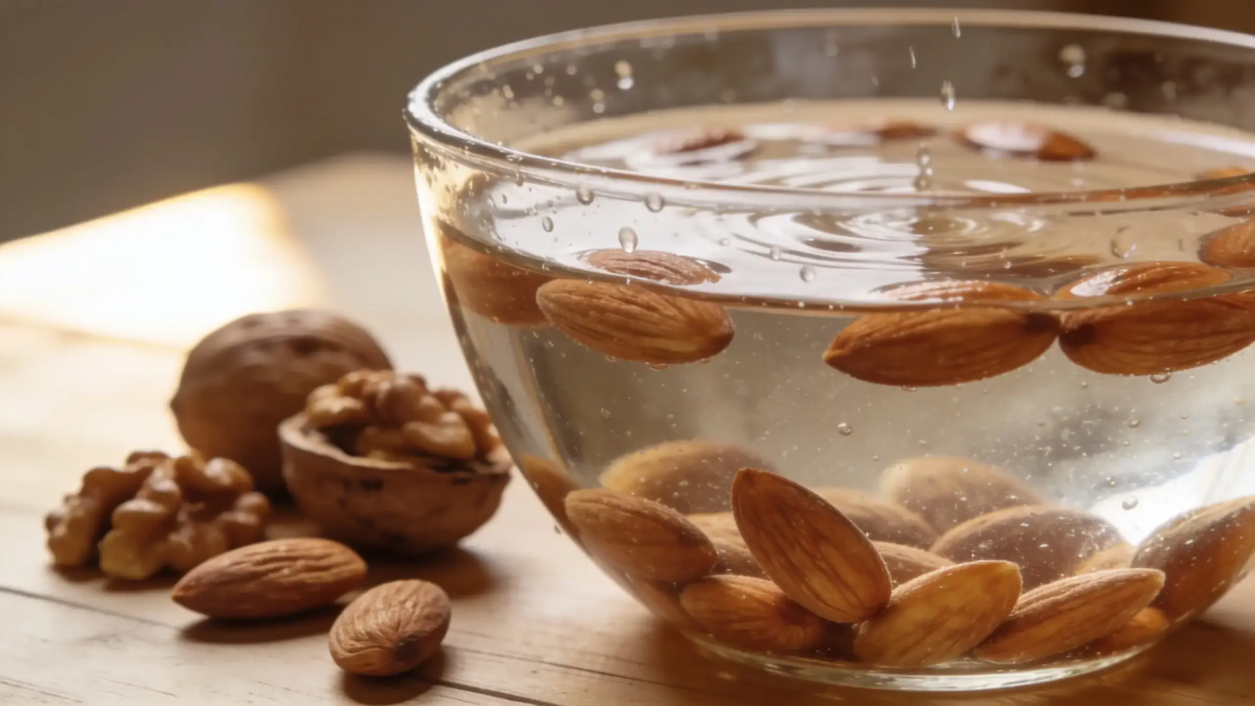 Tremper les fruits à coque: Bol en verre rempli d'amandes trempant dans l'eau avec des gouttes à la surface, posé sur une table en bois aux côtés de noix décortiquées et d'amandes sèches en gros plan