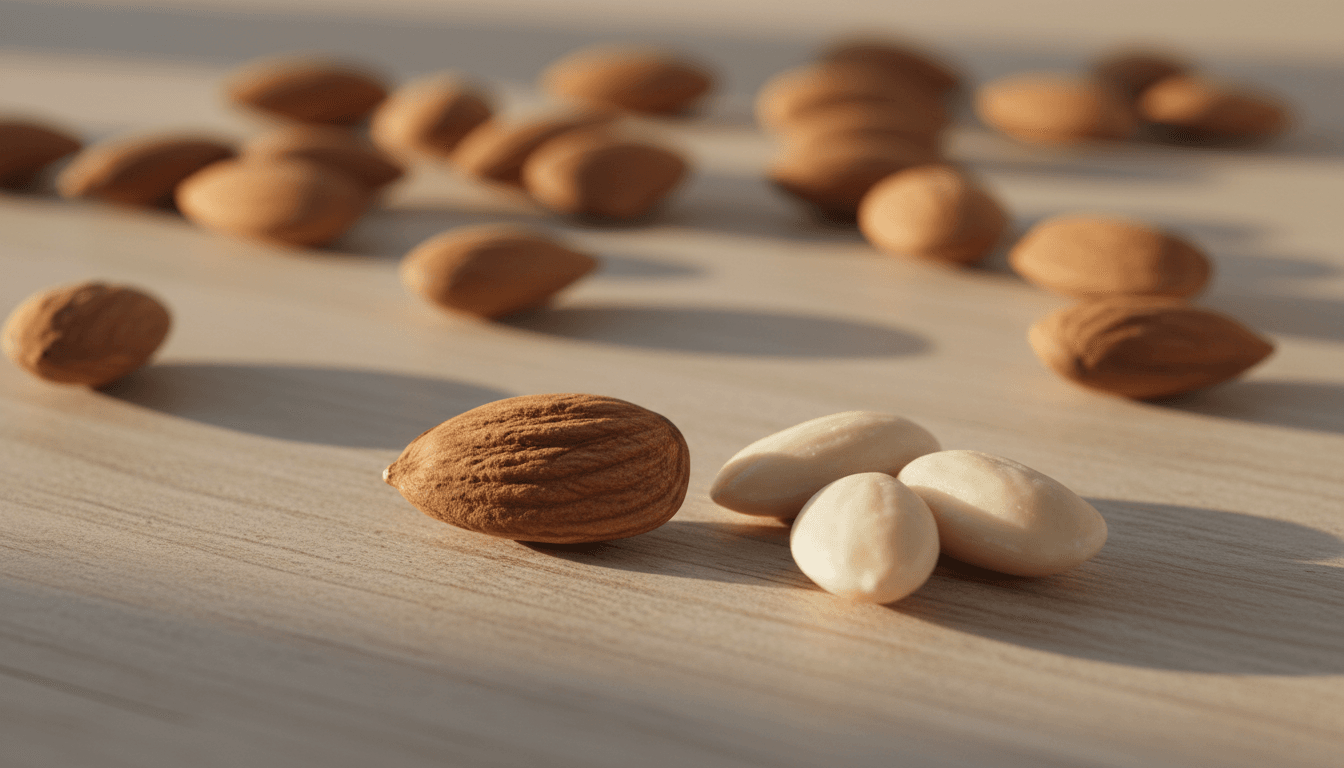 Allergie amande : pourquoi ce fruit à coque peut poser problème 2 Amandes crues en gros plan sur une table en bois clair