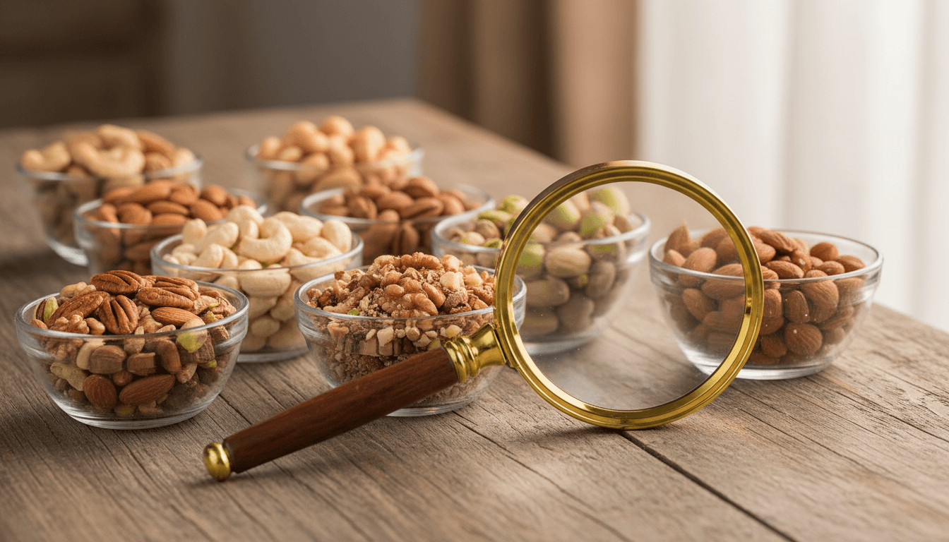 Allergie fruits à coque : 7 signes alarmants 2 Fruits à coque variés inspectés à la loupe, symbole de vigilance allergie