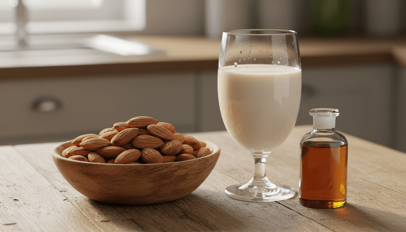 Amandes bienfaits : Les Incroyables Bienfaits Pour la Santé 2 Amandes, lait d'amande et huile d'amande sur une table en bois