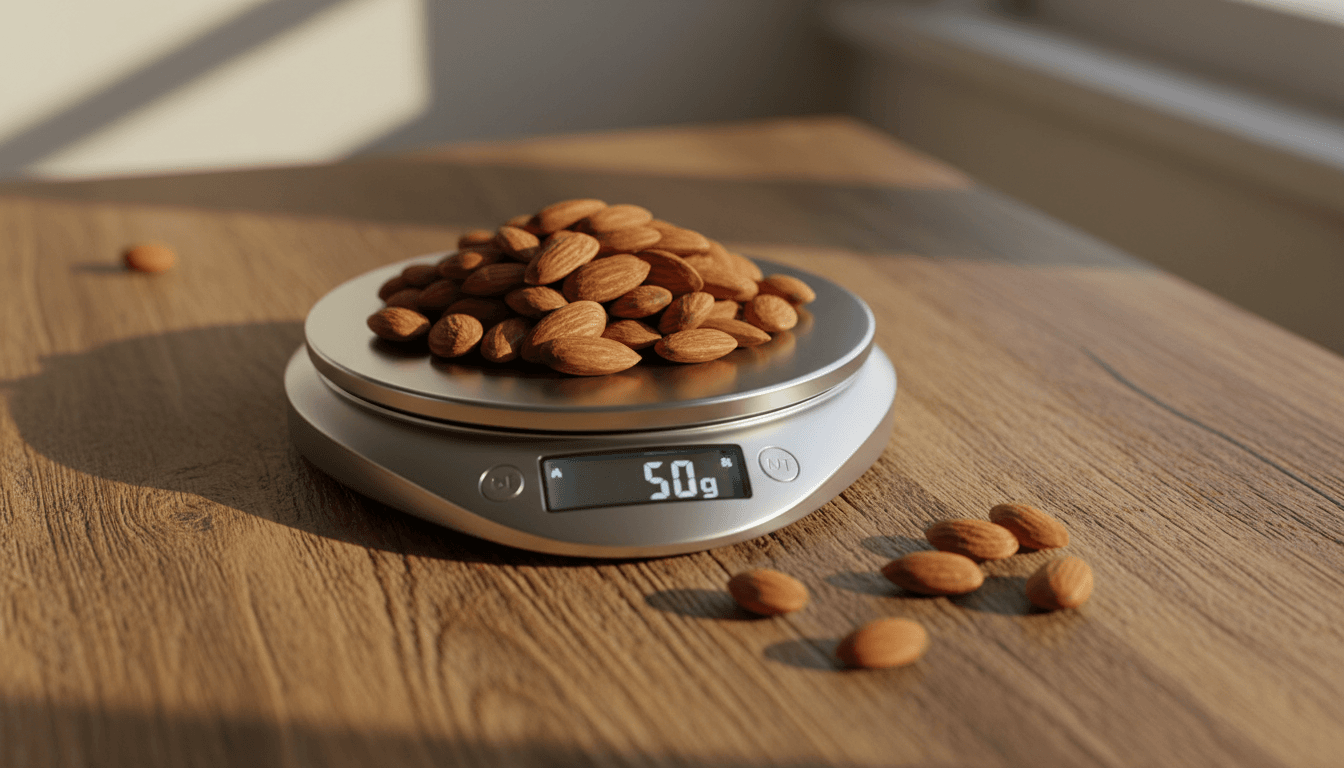 amandes calories: 7 faits nutrition santé qui vont vous surprendre 2 Portion d'amandes pesée sur une petite balance de cuisine