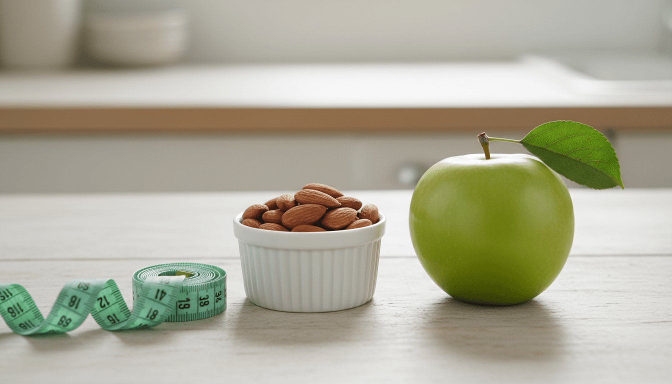 Amandes et perte de poids : Mythes et Réalités Dévoilés 2 Petite portion d'amandes avec mètre ruban et pomme verte