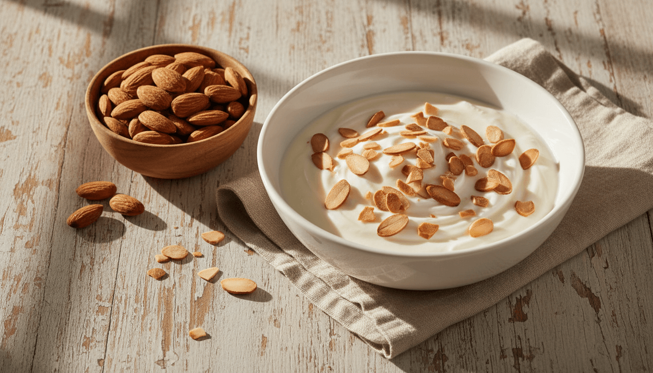 Amandes et protéines : teneur, qualité et apports réels 2 Yaourt aux amandes effilées et bol d'amandes entières, petit-déjeuner protéiné