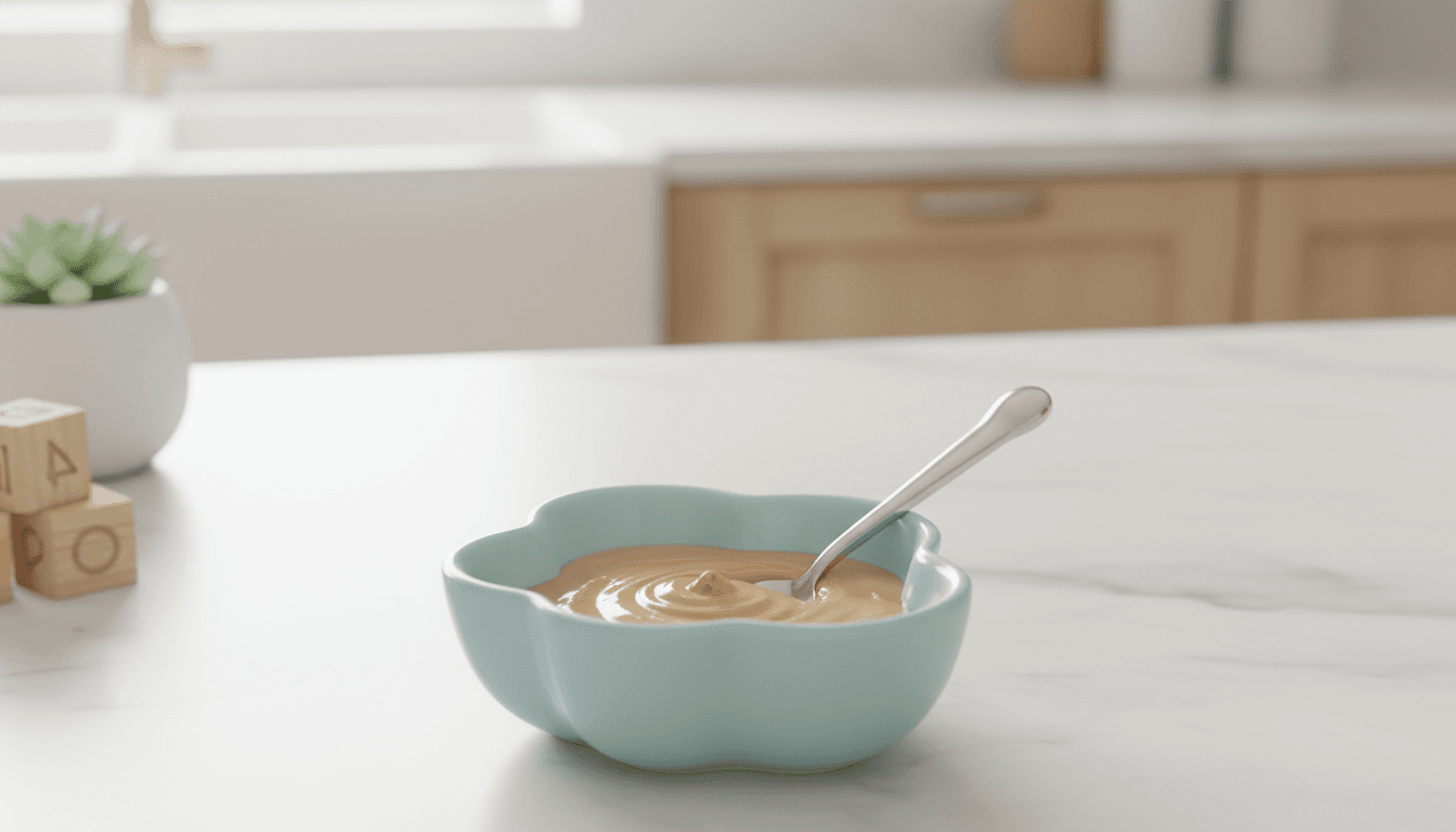 Bébé et fruits à coque : comment les introduire en sécurité ? 2 Purée d'amande lisse dans un petit bol pour bébé