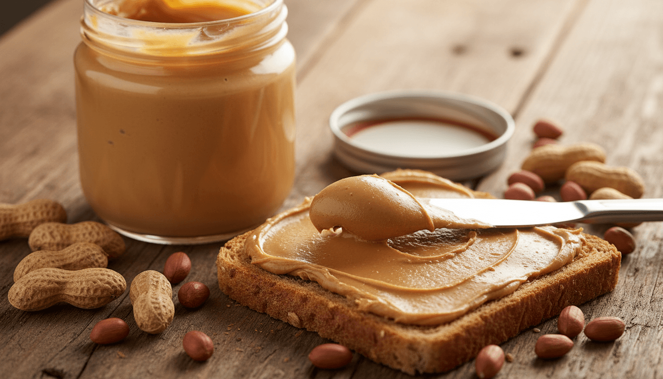 Beurre de cacahuète santé : 7 astuces puissantes à savoir 2 Beurre de cacahuète tartiné sur du pain complet, cacahuètes autour