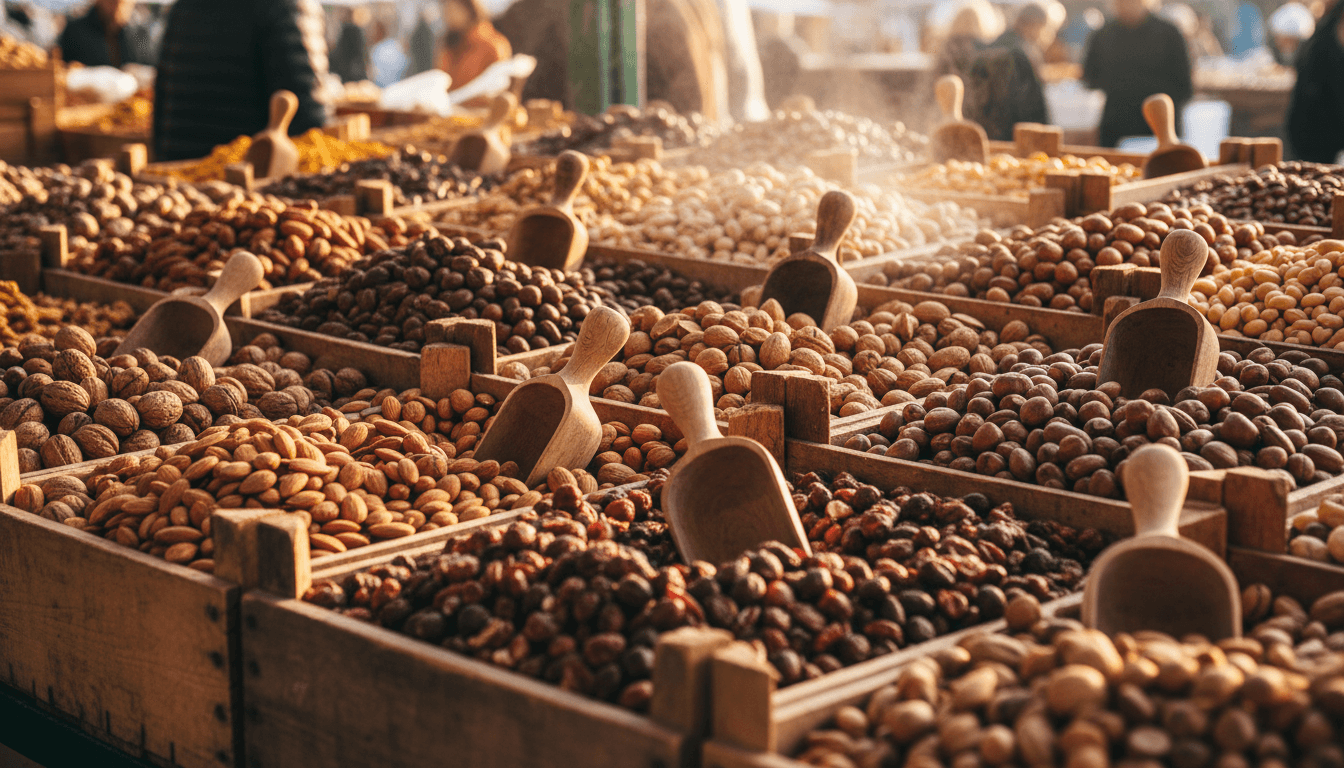 Comment choisir fruits à coque au supermarché : guide complet 2 Étal de marché avec caisses de fruits à coque en vrac