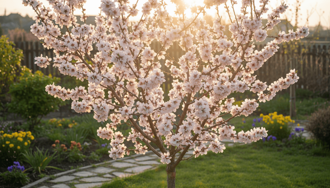 Amandiers chez soi : un guide complet pour une plantation réussie 2 Jeune amandier en fleurs dans un jardin au printemps