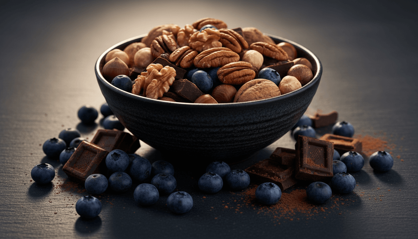 Fruits à coque antioxydants : top 9 alliés santé à connaître 2 Fruits à coque entourés de myrtilles et chocolat noir, aliments antioxydants
