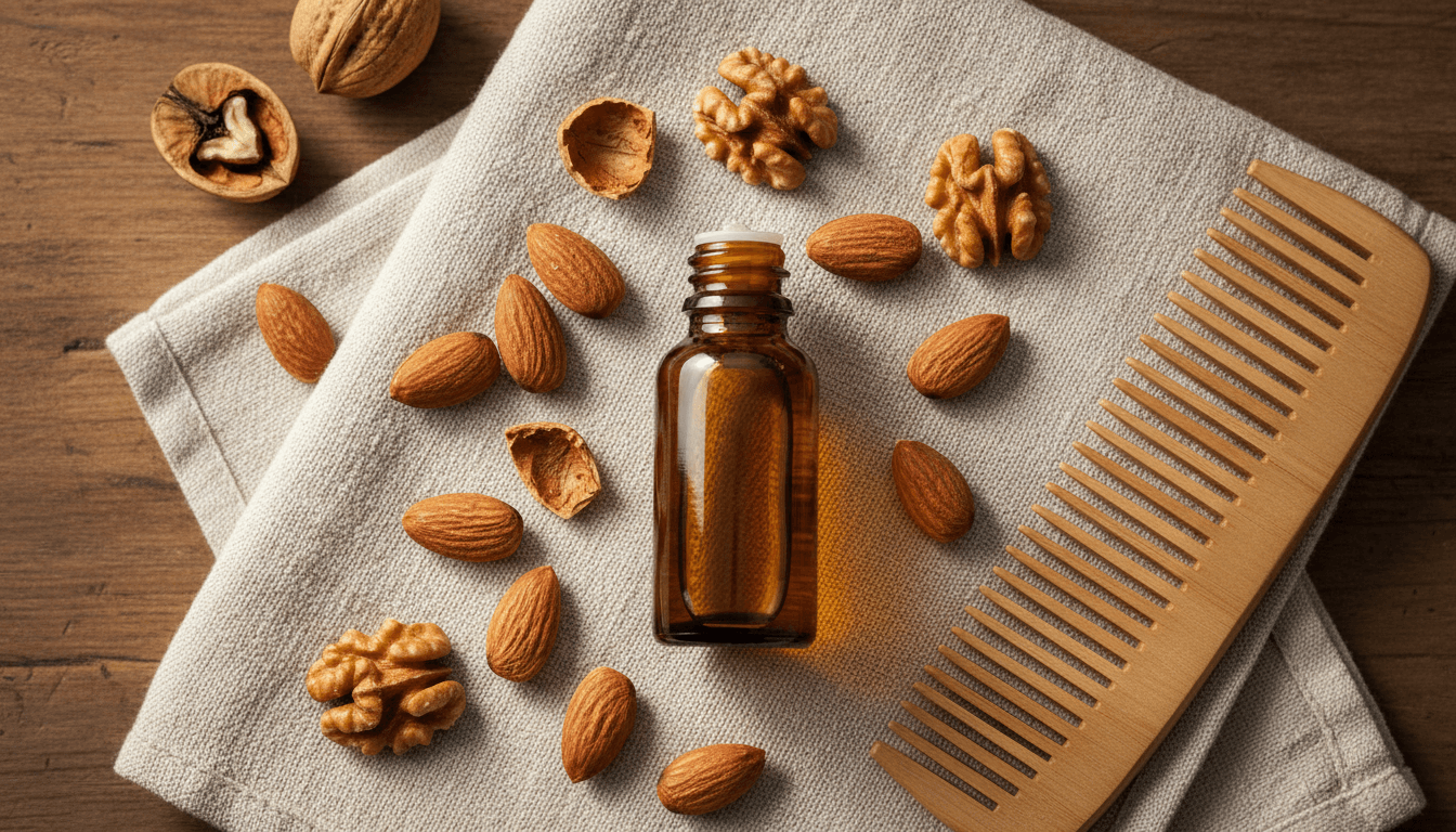 Fruits à coque cheveux : 4 bienfaits puissants pour une chevelure plus forte 2 Huile de fruits à coque, amandes et peigne en bambou, soin capillaire