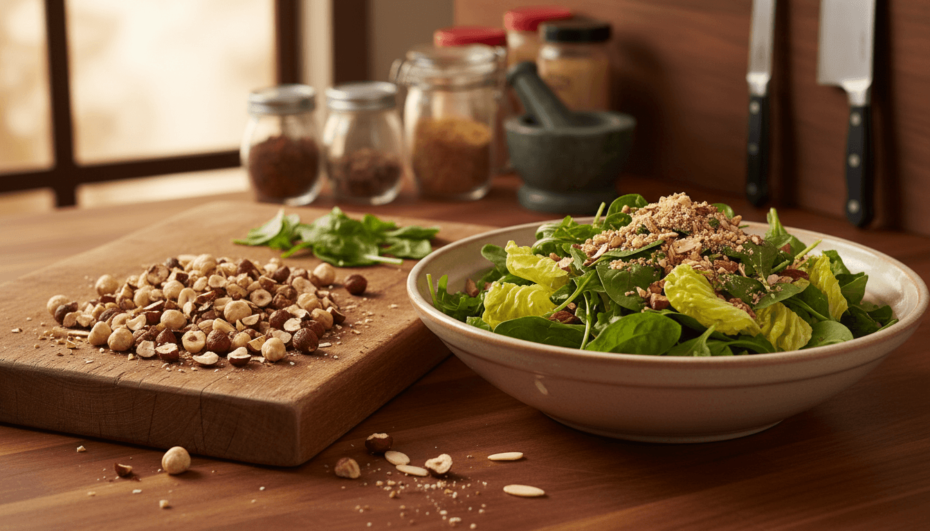 Fruits à coque en cuisine : 7 astuces pour bien les préparer 2 Fruits à coque concassés sur planche et salade garnie de noix grillées