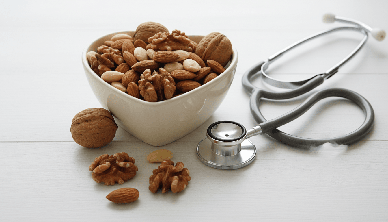 Fruits à coque et cholestérol : comment protéger votre cœur ? 2 Bol en forme de cœur rempli de noix et amandes avec stéthoscope