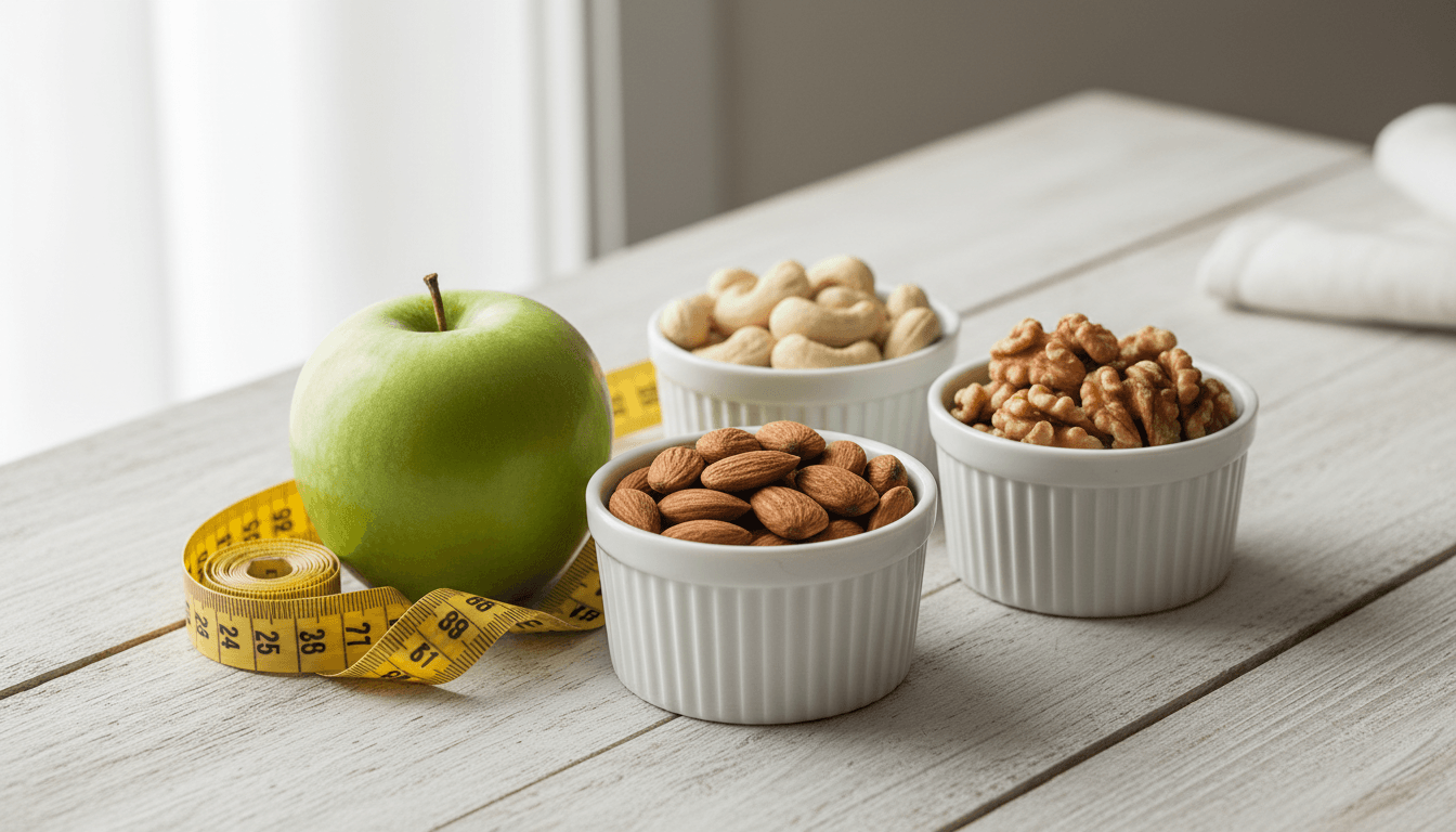 Fruits à coque et perte de poids : 5 secrets puissants 2 Portions mesurées de fruits à coque avec pomme et mètre ruban
