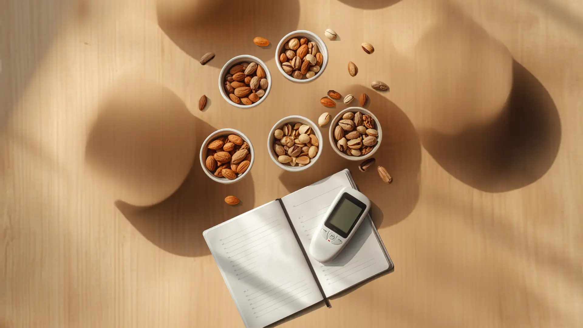 Vue de dessus de petits bols de fruits à coque variés (amandes, noix, noisettes) avec un glucomètre et un carnet sur fond beige, alimentation et diabète