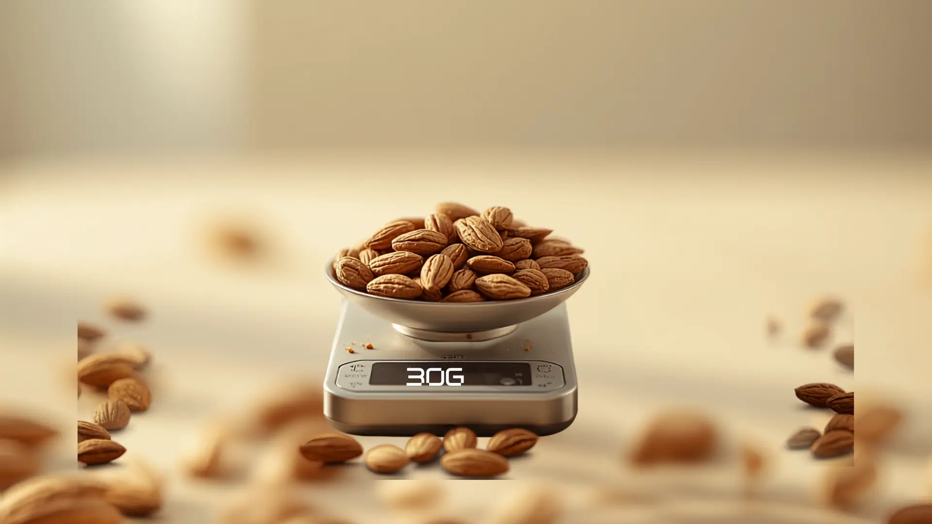 Fruits à coque et diabète : 5 alliés pour votre santé 3 Amandes entières posées sur une balance de cuisine digitale affichant 30g sur fond beige clair, portion journalière recommandée de fruits à coque pour les diabétiques