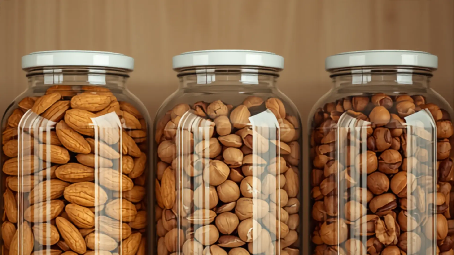 Fruits à coque et diabète : 5 alliés pour votre santé 5 Trois bocaux en verre transparents remplis de différents fruits à coque (amandes, noix de cajou, noisettes) alignés sur fond beige clair