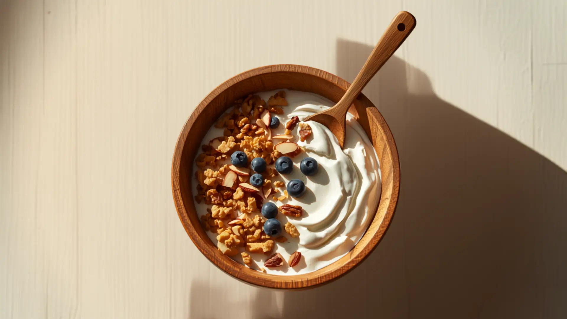Fruits à coque et diabète : 5 alliés pour votre santé 4 Vue de dessus d'un bol en bois de yaourt grec garni de granola aux fruits à coque, myrtilles et cuillère en bois sur fond beige clair