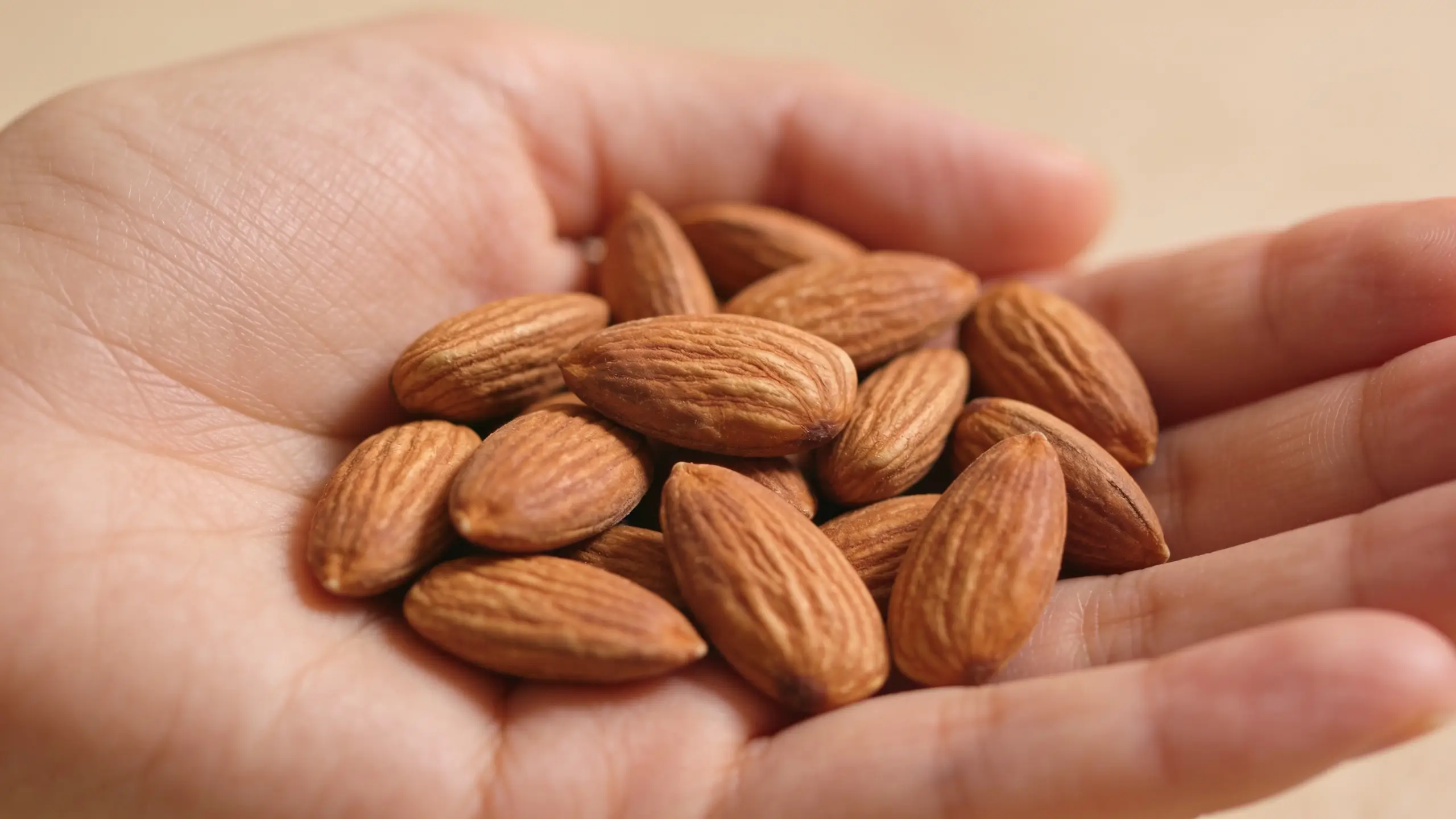 Gros plan sur deux mains tenant une poignée d'amandes entières dans leur creux sur fond beige clair, portion journalière de fruits à coque pendant la grossesse