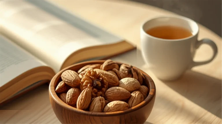 Petit bol en bois de fruits à coque variés (amandes, noix) avec une tasse de thé et un livre ouvert en arrière-plan flou, moment de détente pendant la grossesse