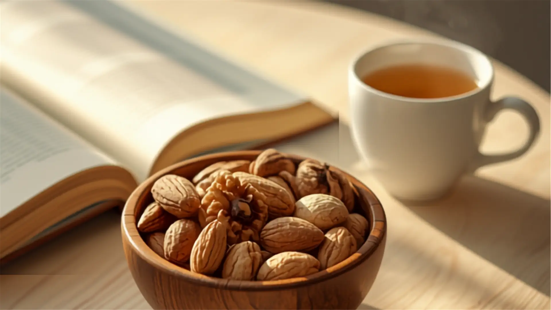 Petit bol en bois de fruits à coque variés (amandes, noix) avec une tasse de thé et un livre ouvert en arrière-plan flou, moment de détente pendant la grossesse