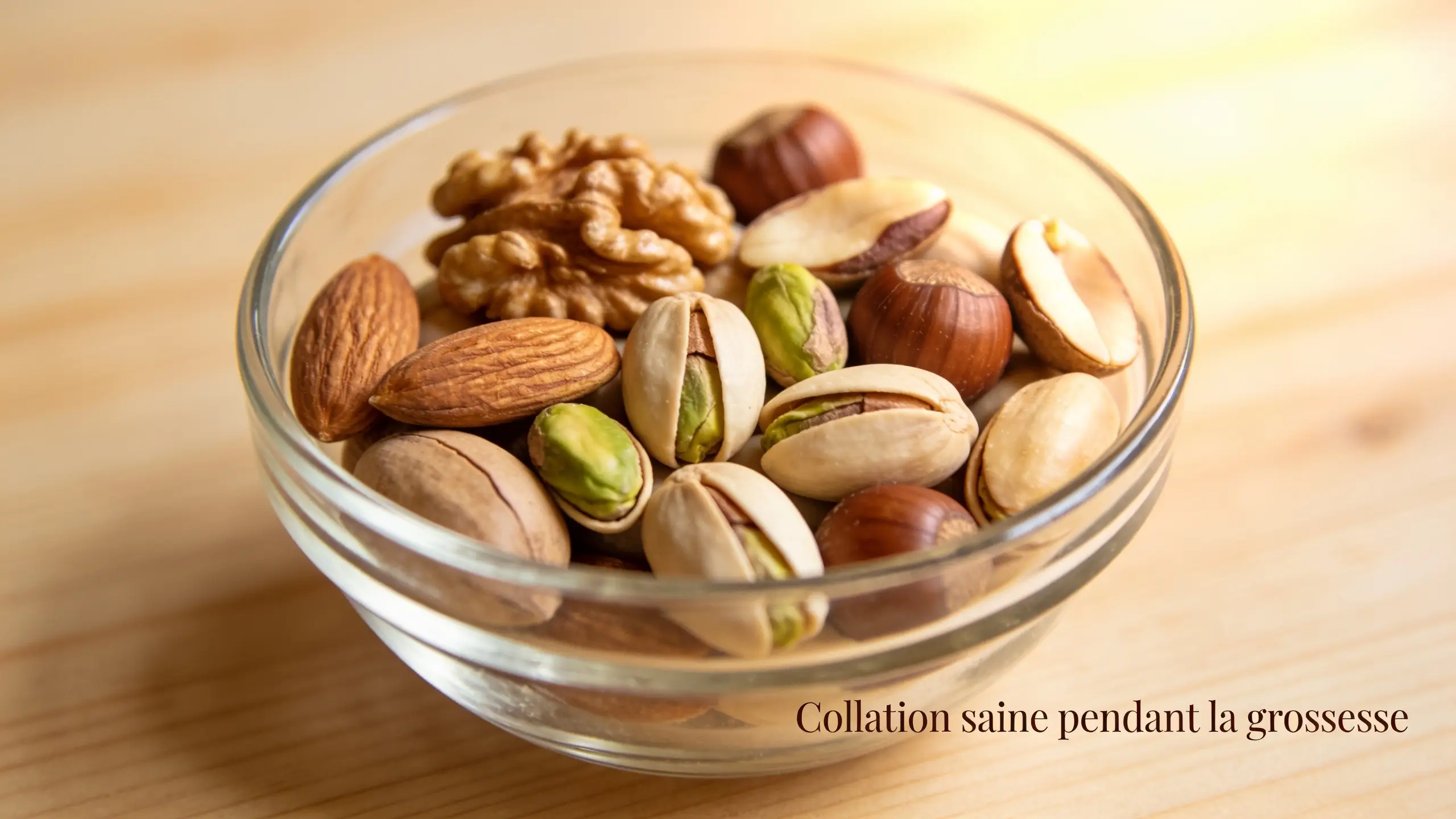Bol en verre rempli de fruits à coque variés (noix, amandes, pistaches, noisettes) sur table en bois, collation saine pendant la grossesse
