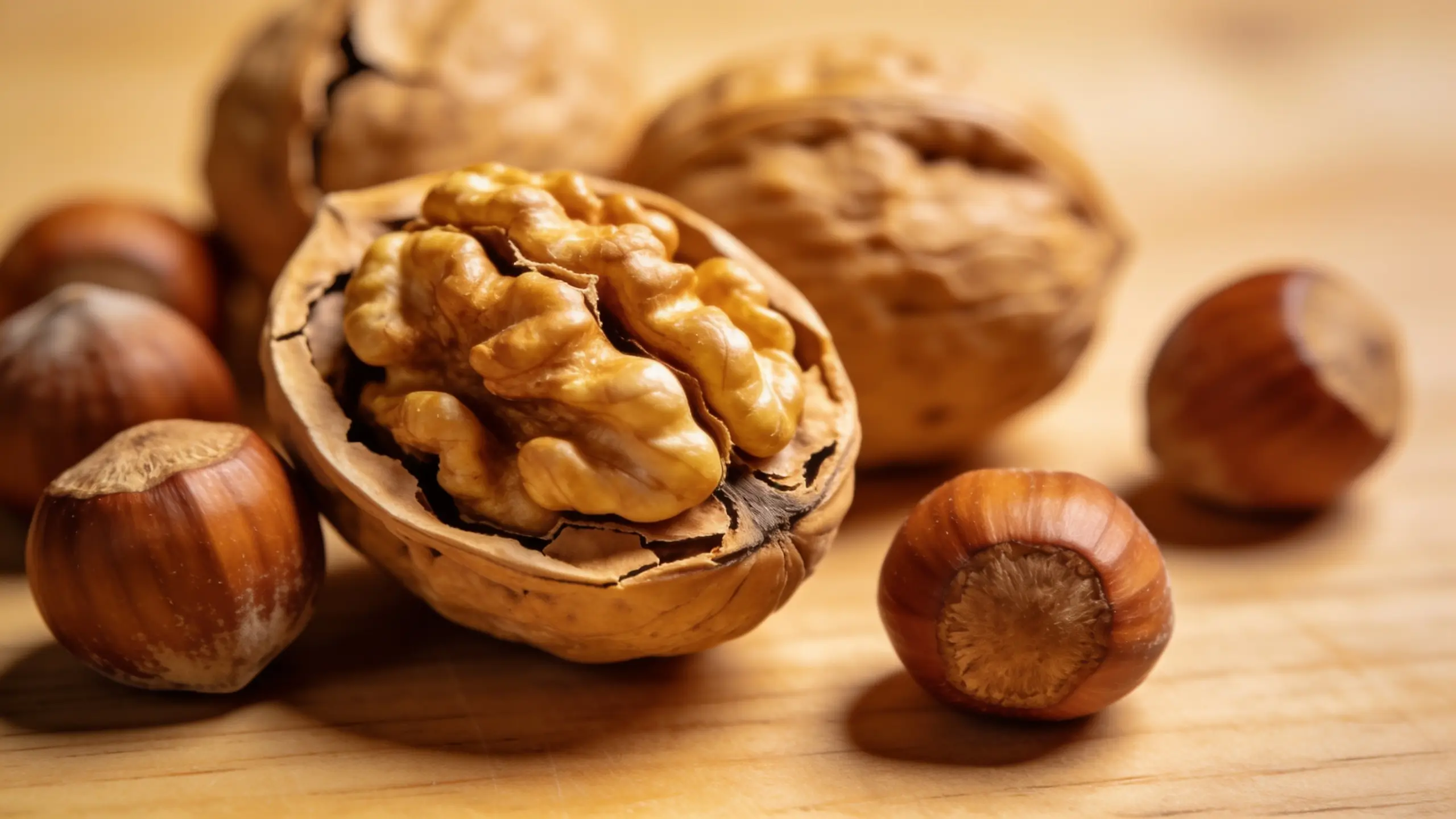 Gros plan sur une noix ouverte révélant son cerneau doré entourée de noisettes entières sur surface en bois clair, fruits à coque recommandés pendant la grossesse