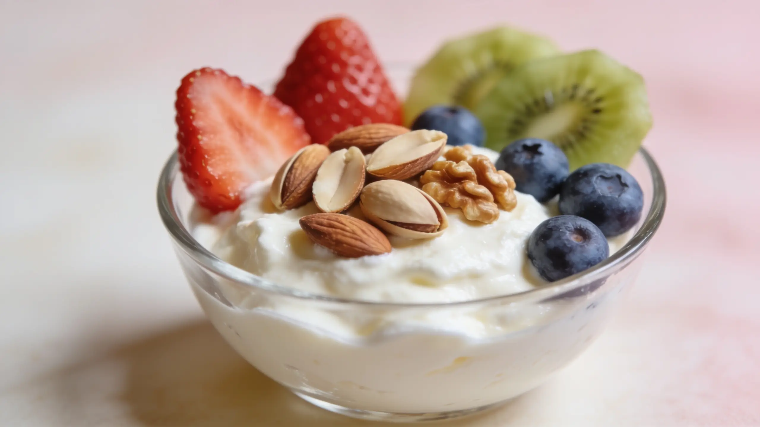 Bol en verre de yaourt grec garni d'amandes, noix, pistaches, fraises, myrtilles et kiwi sur fond rose clair, collation nutritive pendant la grossesse