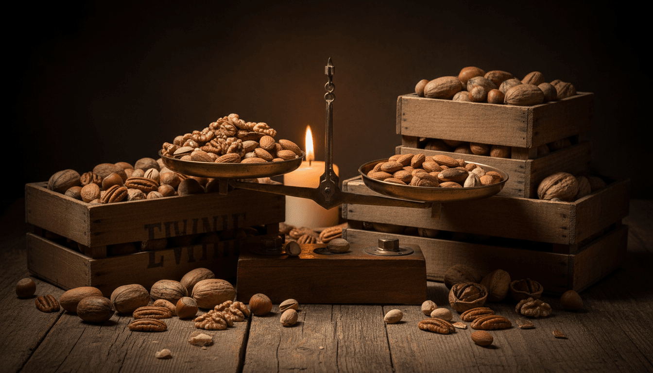 Fruits à coque : 5 secrets puissants d’histoire, santé et cuisine 2 Nature morte de fruits à coque avec balance ancienne en laiton