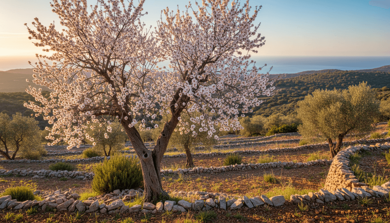 Amandier : Arbre emblématique des régions méditerranéennes 2 Amandier en fleurs dans un paysage méditerranéen en terrasses