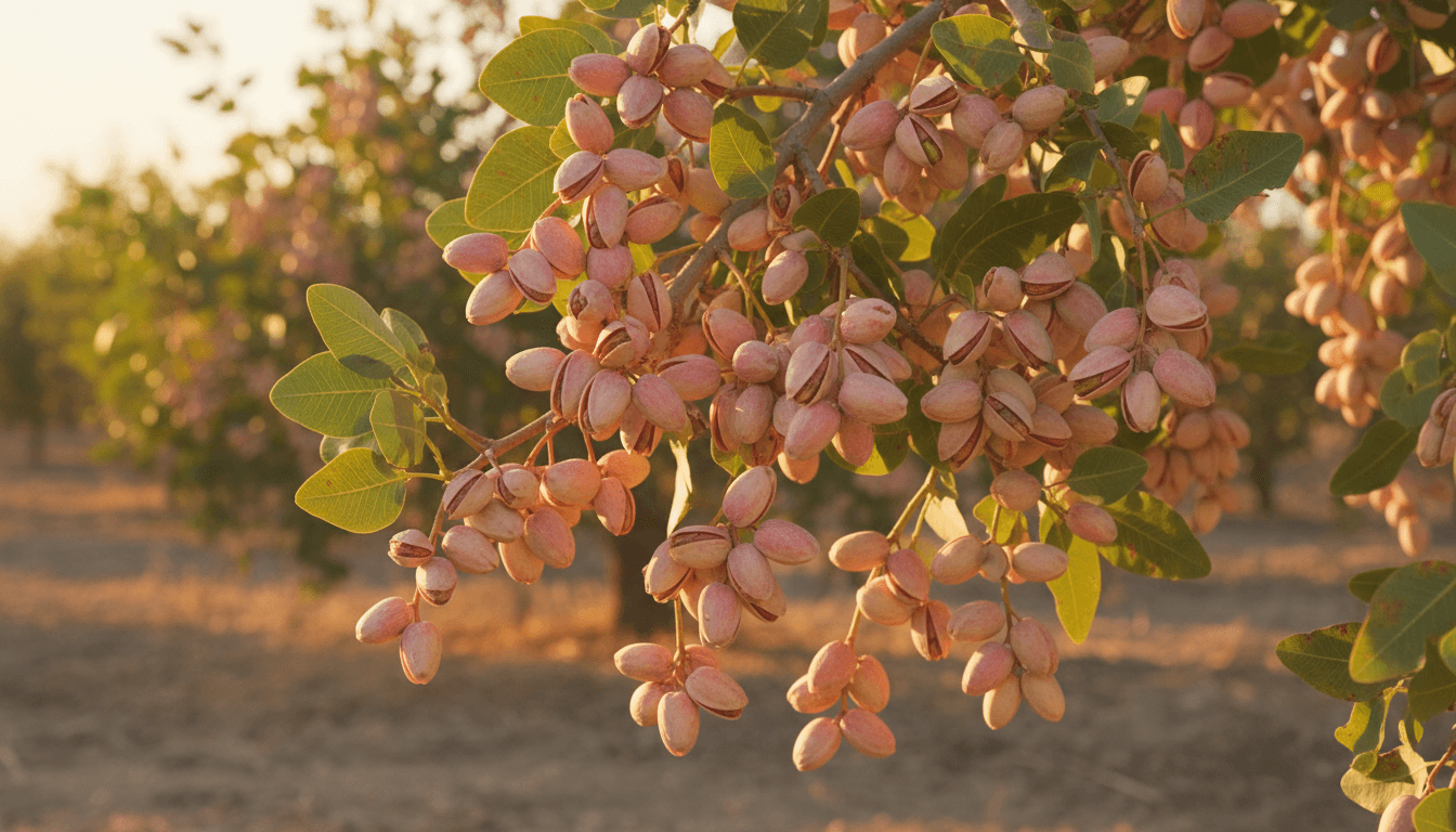 La culture du pistachier : origine, techniques et soins nécessaires 2 Grappes de pistaches rosées mûrissant sur un pistachier