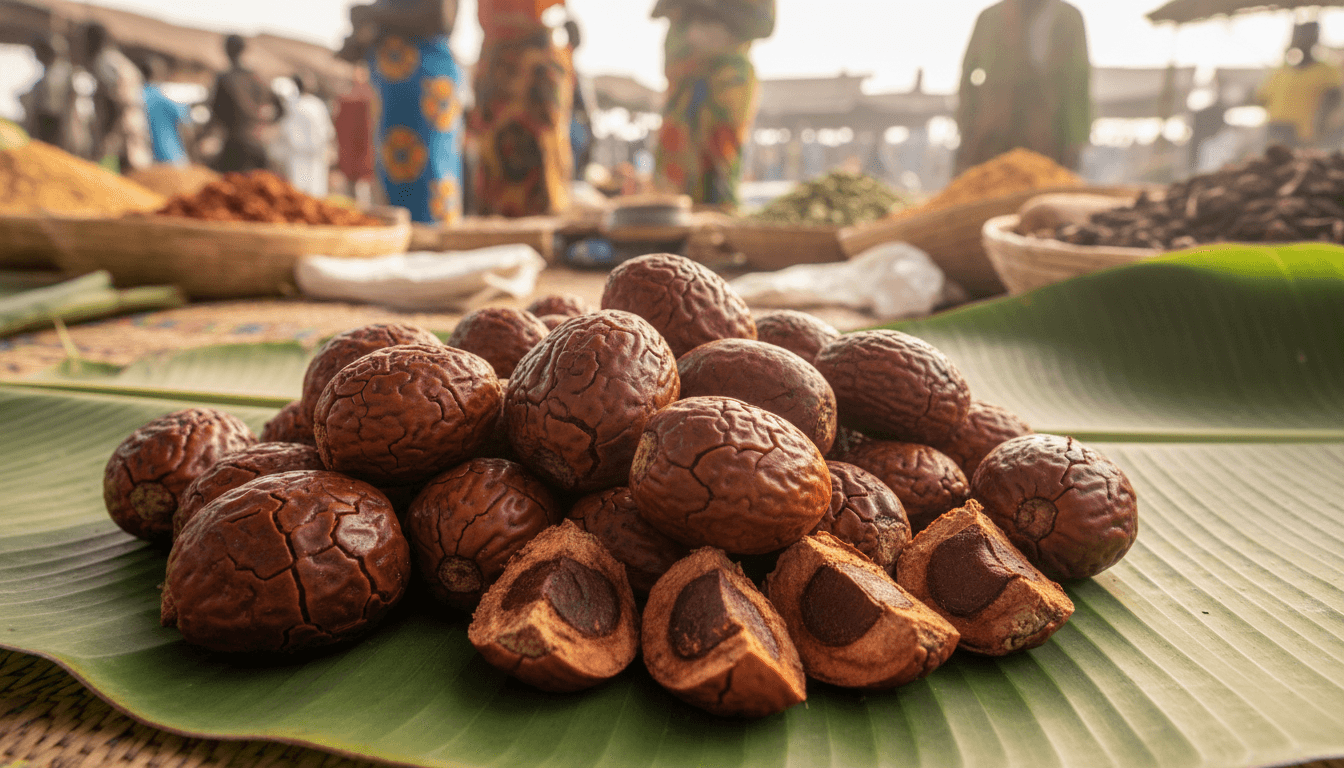 Noix de Kola : Un Trésor Tropical aux Propriétés Stimulantes 2 Noix de kola entières et ouvertes sur une feuille de bananier