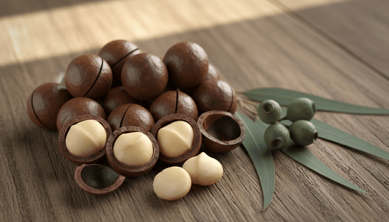 La noix de macadamia : un trésor australien pour la cuisine 2 Noix de macadamia ouvertes avec feuilles d'eucalyptus