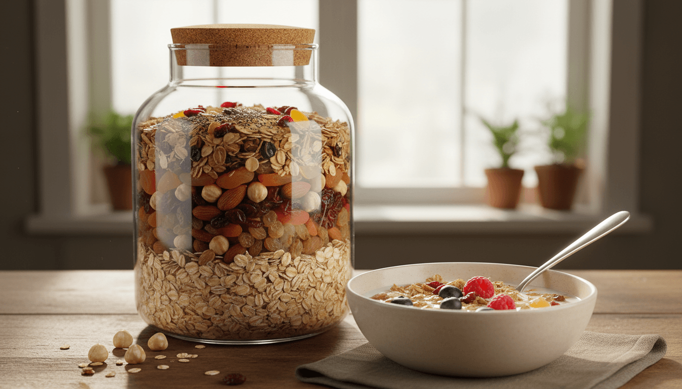 Muesli maison aux fruits à coque : la recette parfaite en 4 étapes 2 Muesli maison aux fruits à coque en bocal et en bol