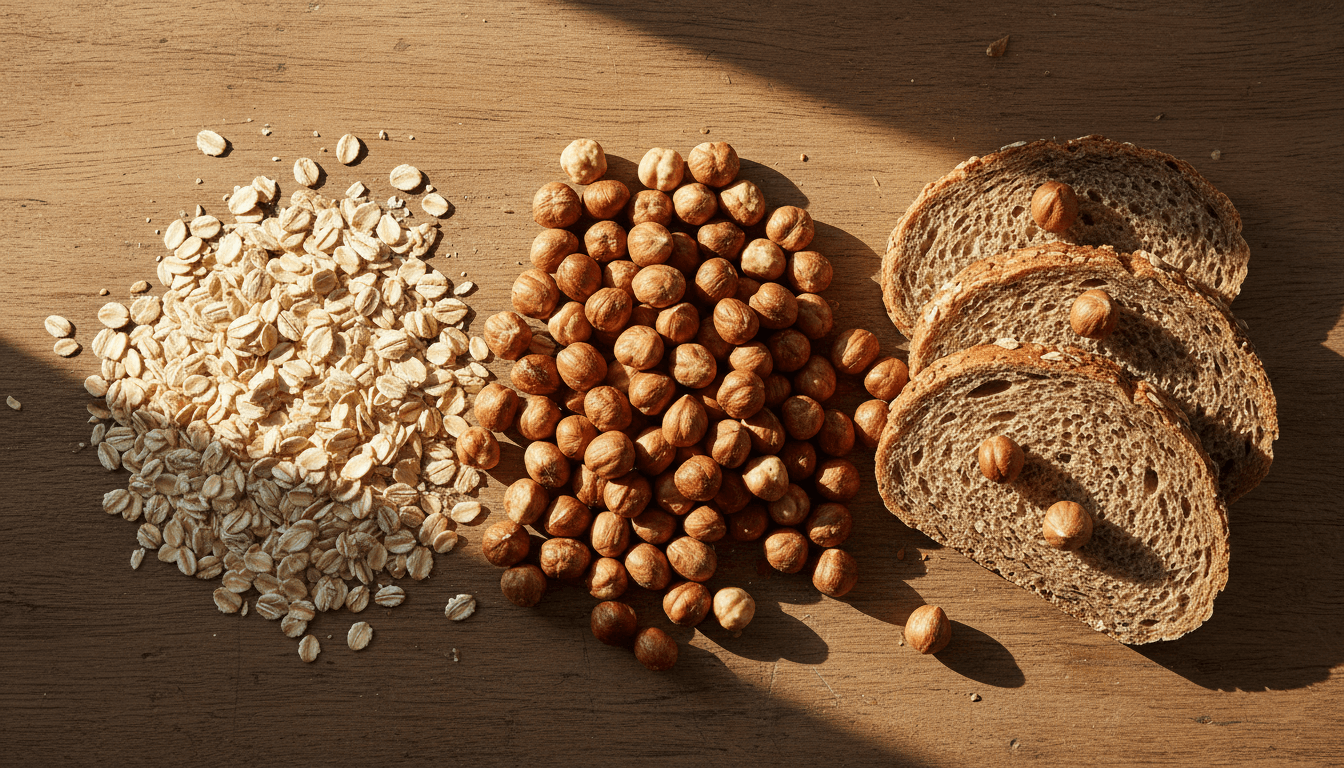 Noisette fibre : quel apport ? 2 Noisettes, flocons d'avoine et pain complet, aliments riches en fibres