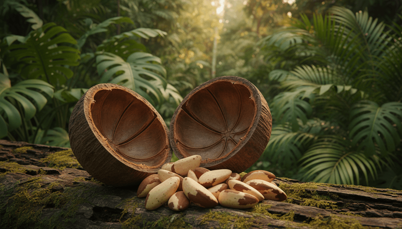 Noix de Brésil : Un Trésor de la Biodiversité Amazonienne 2 Noix du Brésil et leur grosse capsule ronde, feuillage amazonien