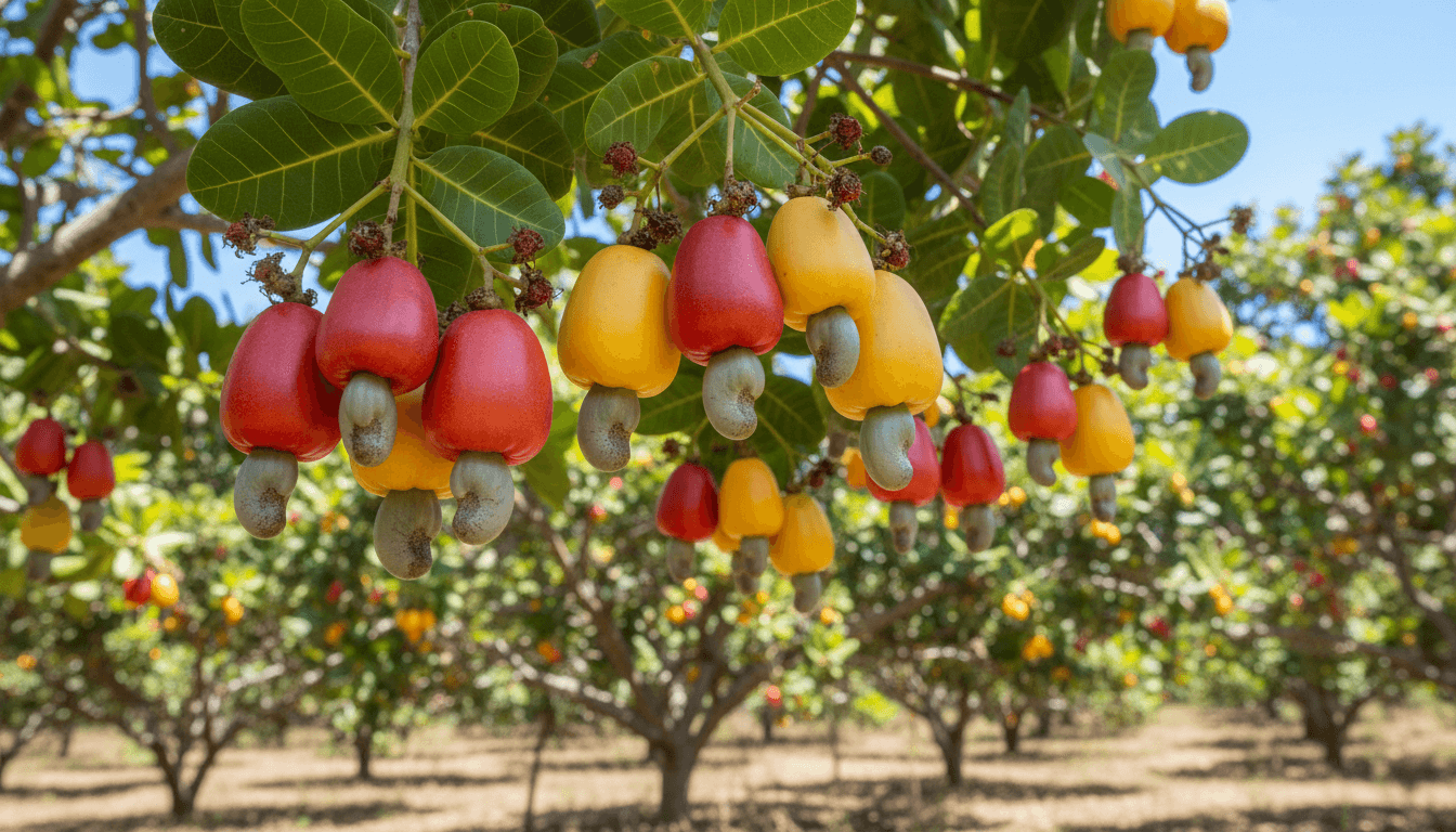 Noix de cajou: une culture pleine de défis économiques 2 Pommes de cajou rouges et jaunes avec leur noix accrochée
