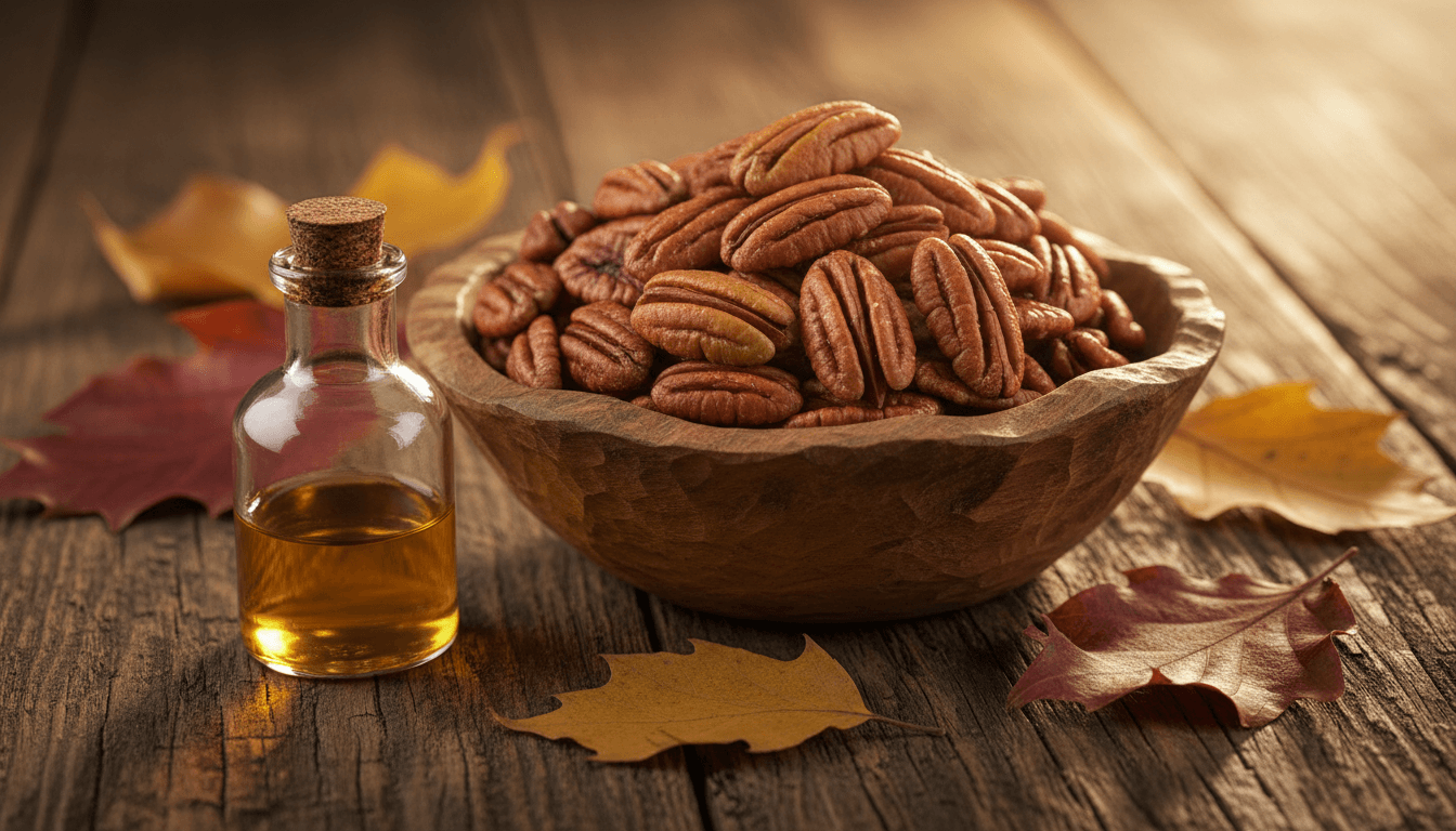 Noix de pécan bienfaits : un atout santé naturel 2 Cerneaux de noix de pécan en bol avec huile de pécan