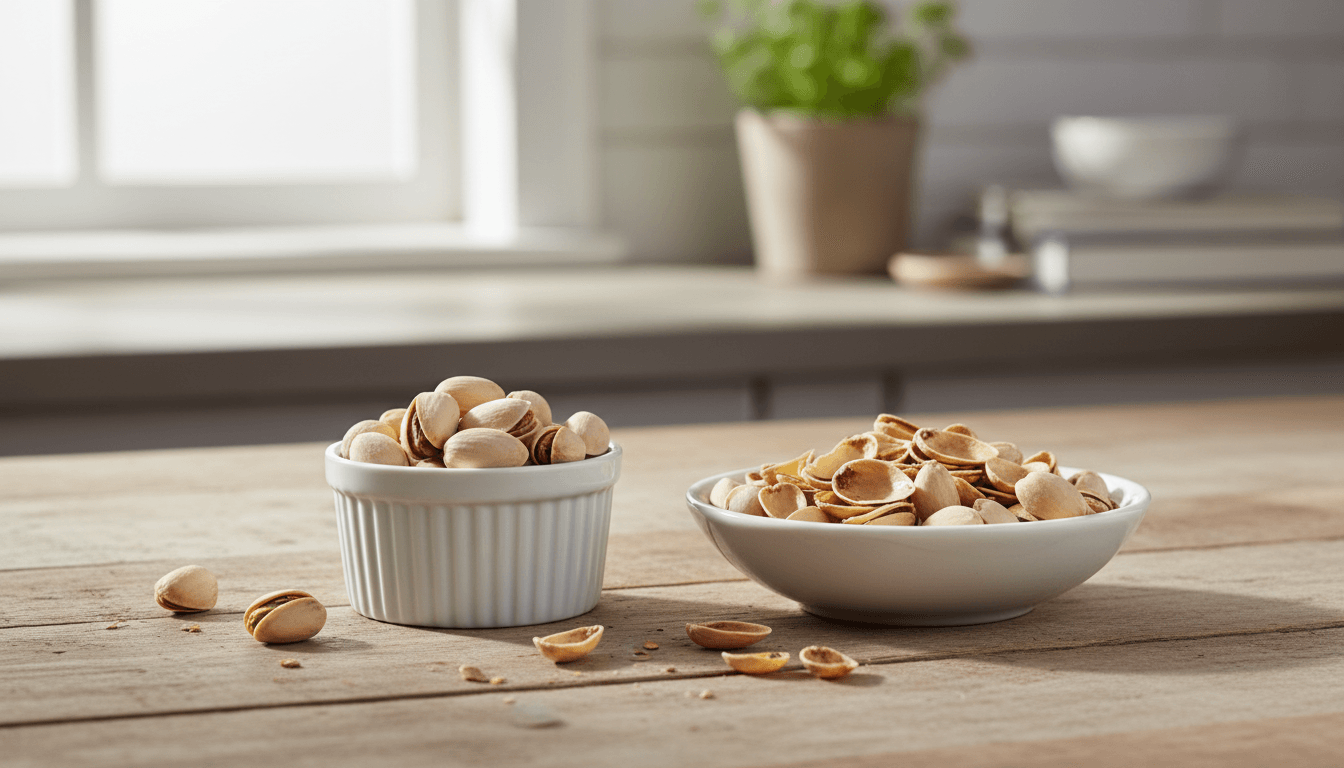 Pistaches calories : astuces intelligentes pour ne pas grossir 2 Portion de pistaches avec bol de coques vides, astuce satiété