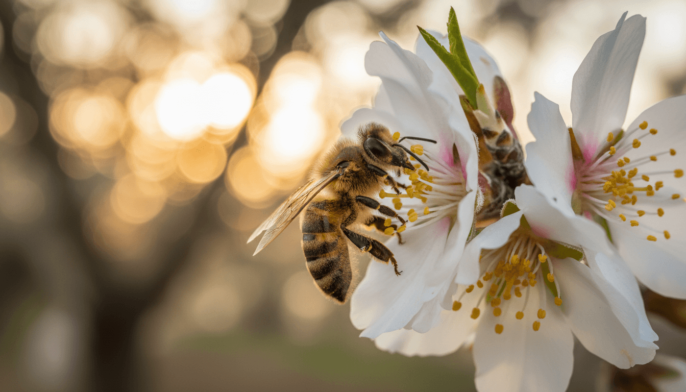 Pollinisation amandes et noix : la puissance cachée des abeilles 2 Abeille butinant une fleur d'amandier en gros plan