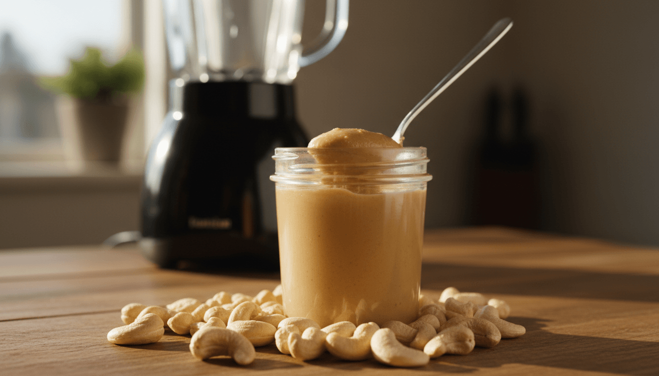 Recette simple : purée de noix de cajou maison 2 Purée de noix de cajou maison en bocal avec cuillère