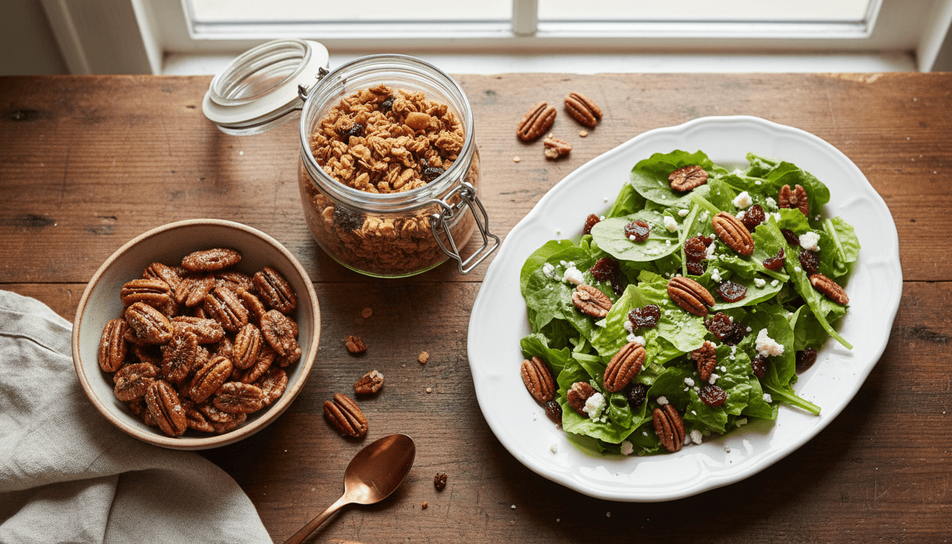 Recettes noix de pécan : pour des plats et desserts inoubliables 2 Pécans caramélisés, granola et salade aux noix de pécan